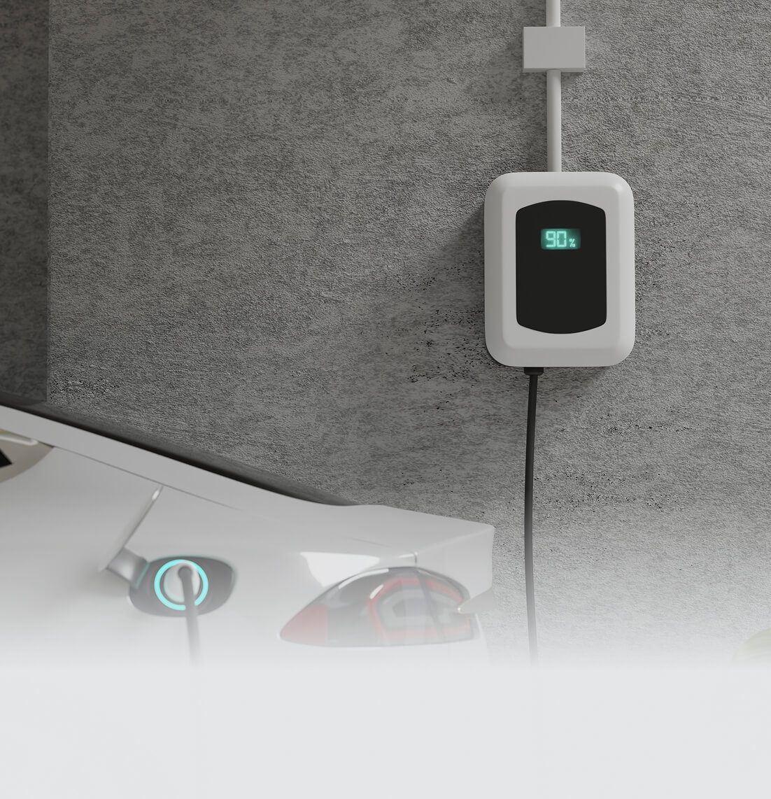 Home EV charger mounted on a garage wall with a car plugged in to charge